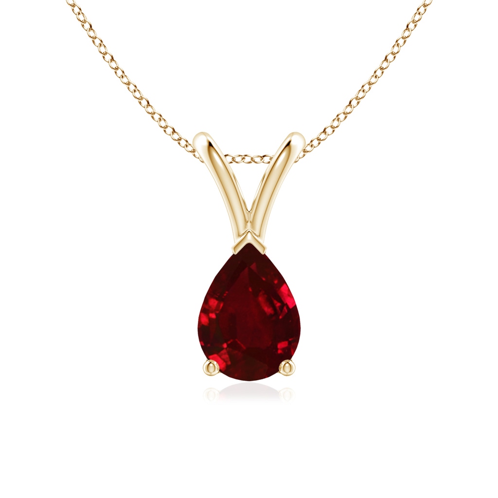 7x5mm AAAA V-Bale Pear-Shaped Ruby Solitaire Pendant in Yellow Gold