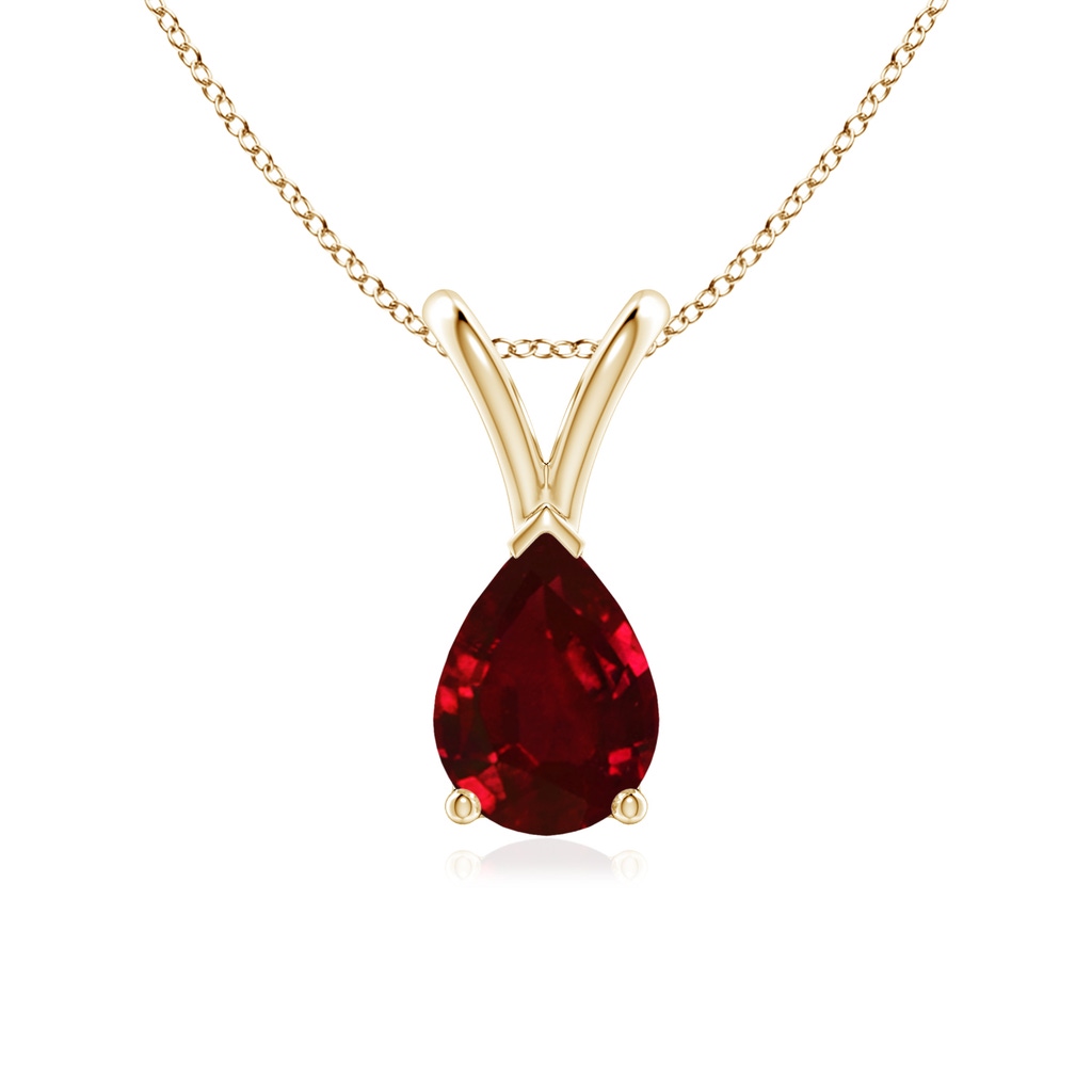 7x5mm AAAA V-Bale Pear-Shaped Ruby Solitaire Pendant in Yellow Gold