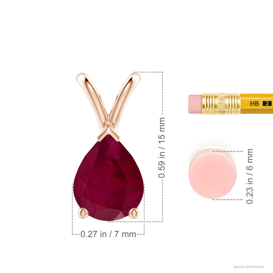 9x7mm A V-Bale Pear-Shaped Ruby Solitaire Pendant in Rose Gold ruler