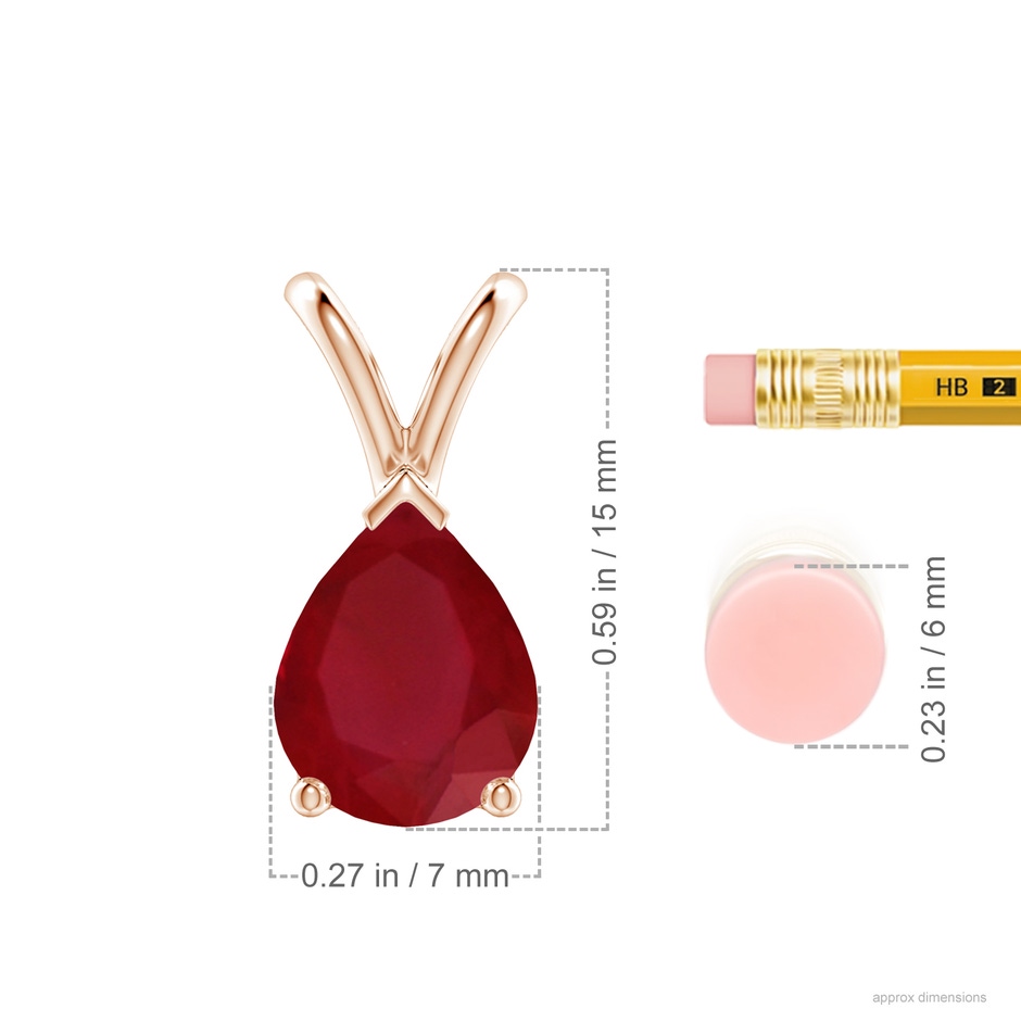 9x7mm AA V-Bale Pear-Shaped Ruby Solitaire Pendant in Rose Gold ruler