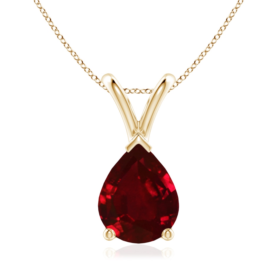 9x7mm AAAA V-Bale Pear-Shaped Ruby Solitaire Pendant in Yellow Gold 