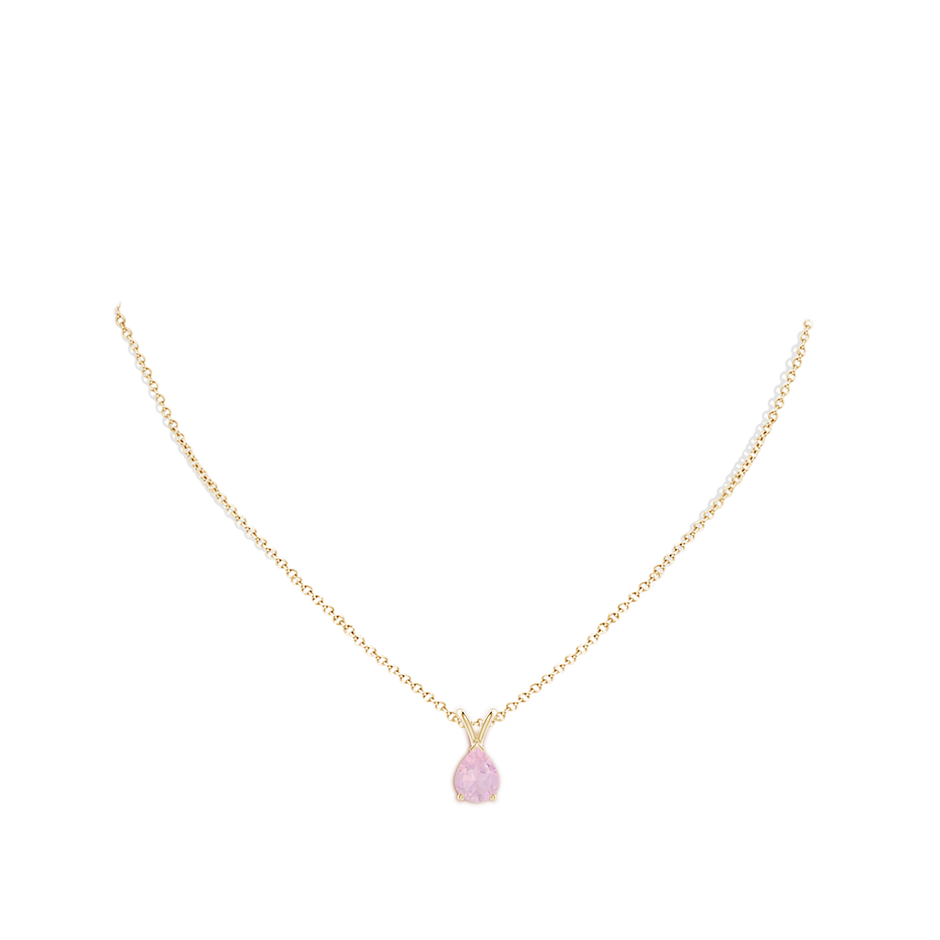 9x7mm AAA V-Bale Pear-Shaped Rose Quartz Solitaire Pendant in Yellow Gold body-neck