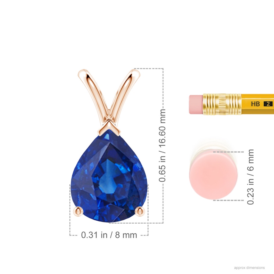 10x8mm AAA V-Bale Pear-Shaped Blue Sapphire Solitaire Pendant in Rose Gold ruler