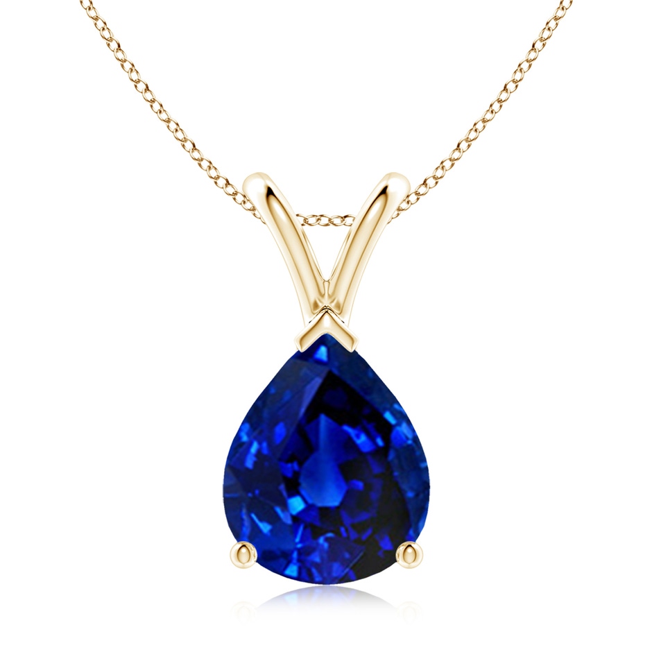 10x8mm Lab-Grown V-Bale Pear-Shaped Blue Sapphire Solitaire Pendant in Yellow Gold 