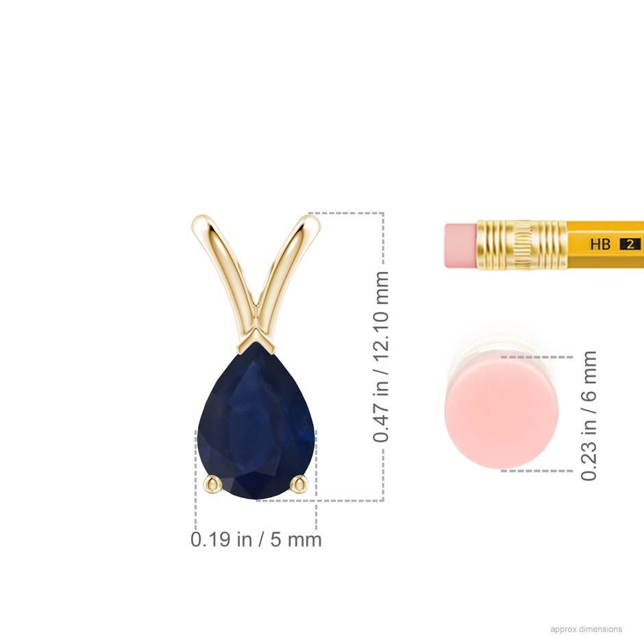 7x5mm A V-Bale Pear-Shaped Blue Sapphire Solitaire Pendant in 9K Yellow Gold ruler