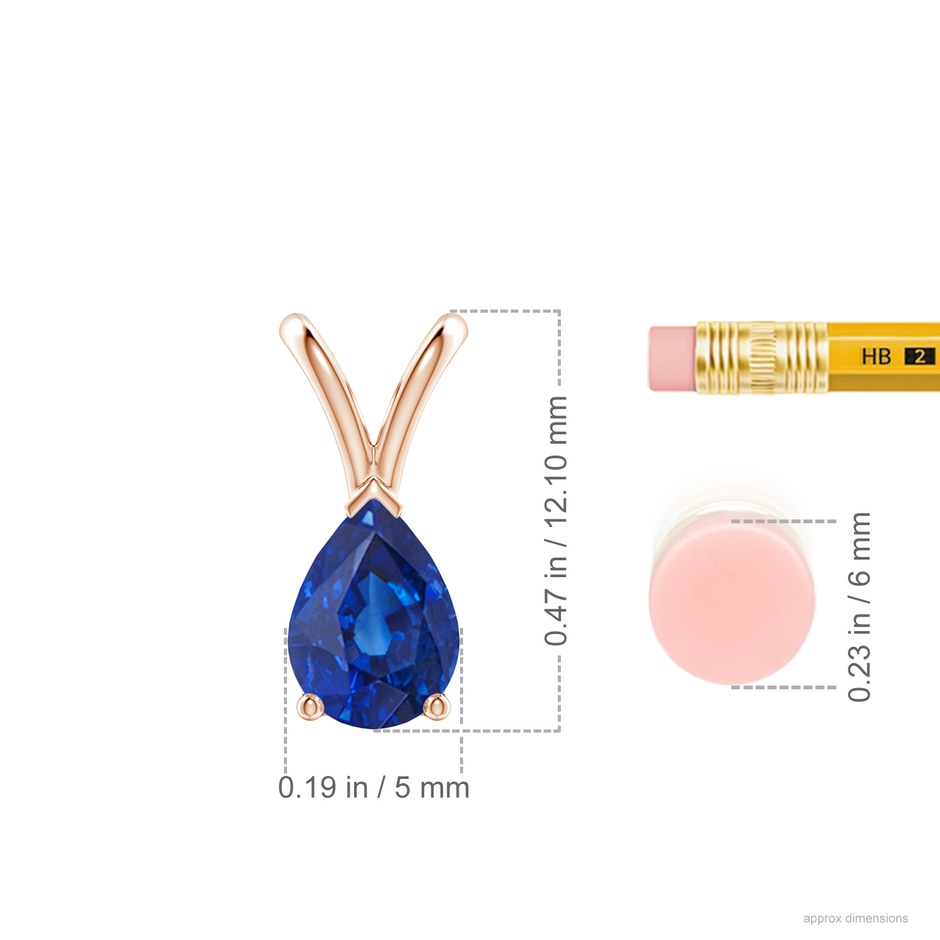 7x5mm AAA V-Bale Pear-Shaped Blue Sapphire Solitaire Pendant in Rose Gold ruler