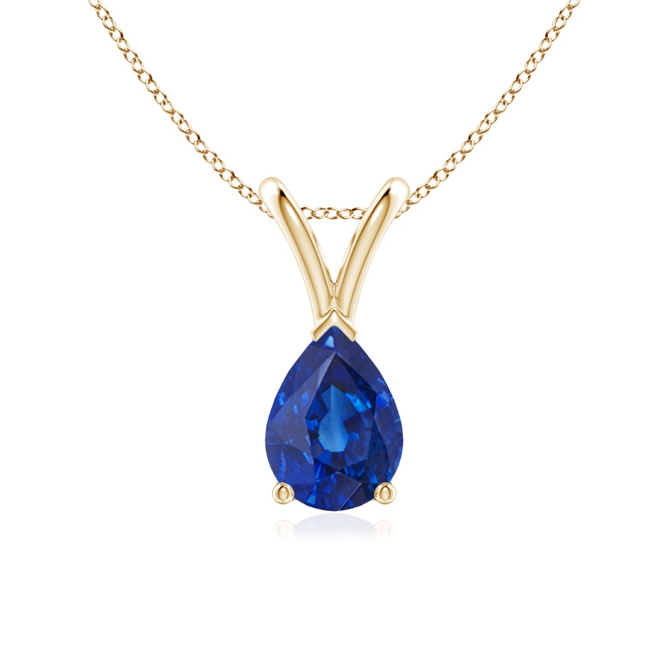 7x5mm AAA V-Bale Pear-Shaped Blue Sapphire Solitaire Pendant in Yellow Gold 