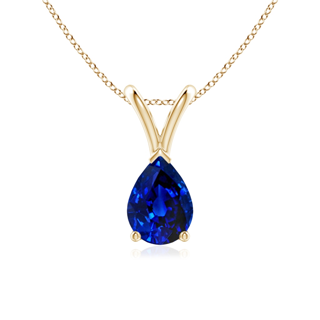 7x5mm AAAA V-Bale Pear-Shaped Blue Sapphire Solitaire Pendant in Yellow Gold