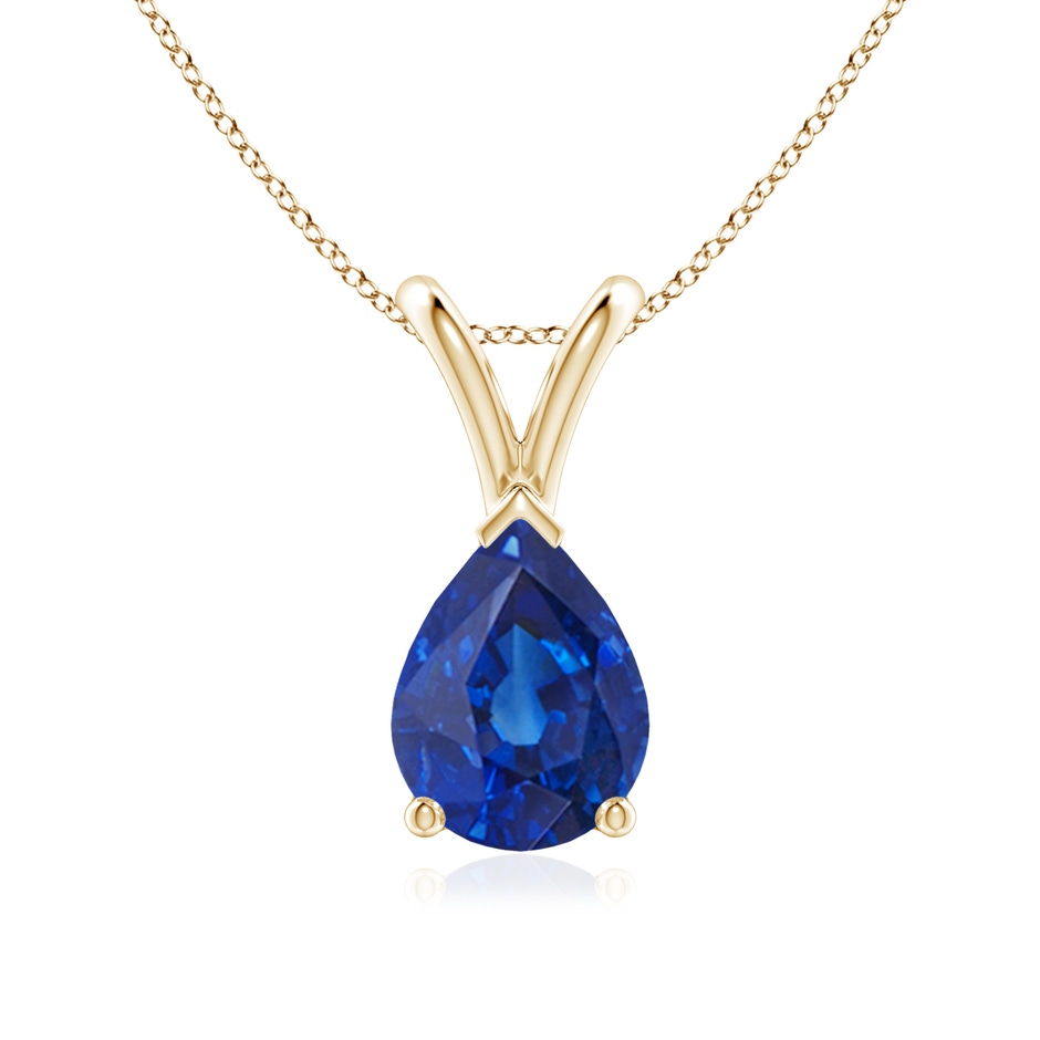 8x6mm AAA V-Bale Pear-Shaped Blue Sapphire Solitaire Pendant in Yellow Gold 