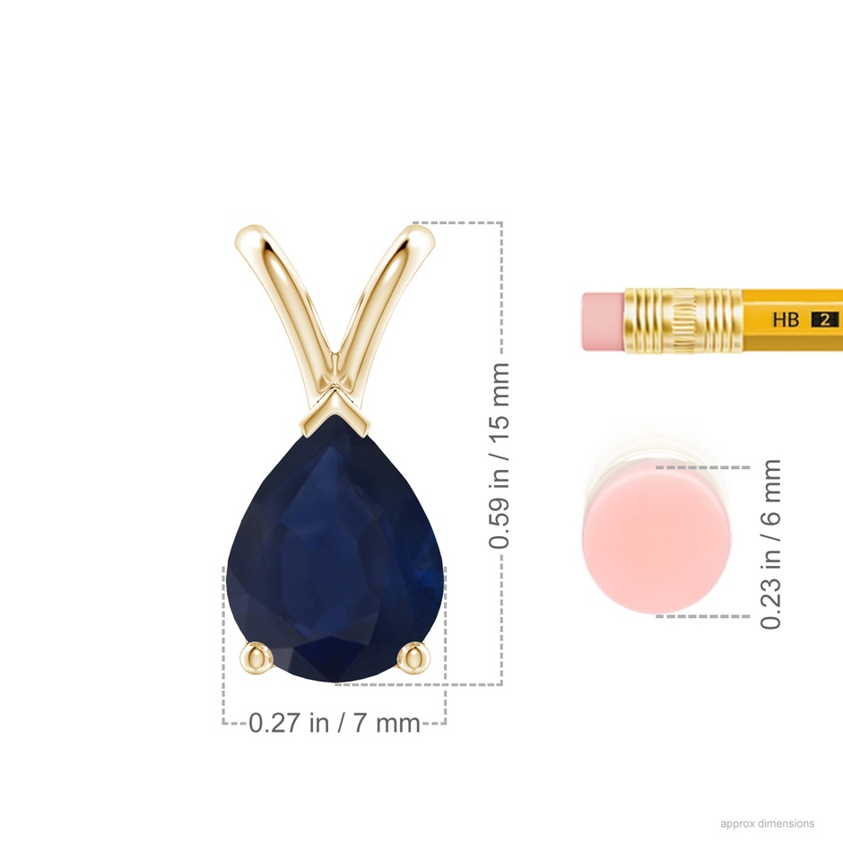 9x7mm A V-Bale Pear-Shaped Blue Sapphire Solitaire Pendant in Yellow Gold ruler