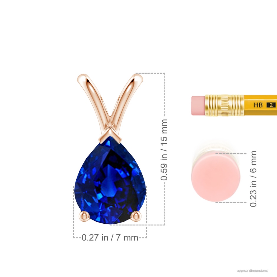9x7mm AAAA V-Bale Pear-Shaped Blue Sapphire Solitaire Pendant in Rose Gold ruler