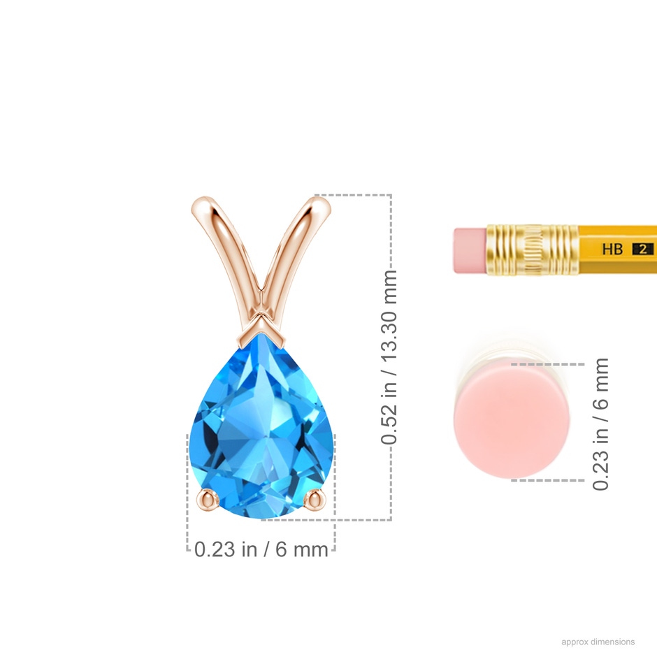 8x6mm AAAA V-Bale Pear-Shaped Swiss Blue Topaz Solitaire Pendant in 18K Rose Gold ruler
