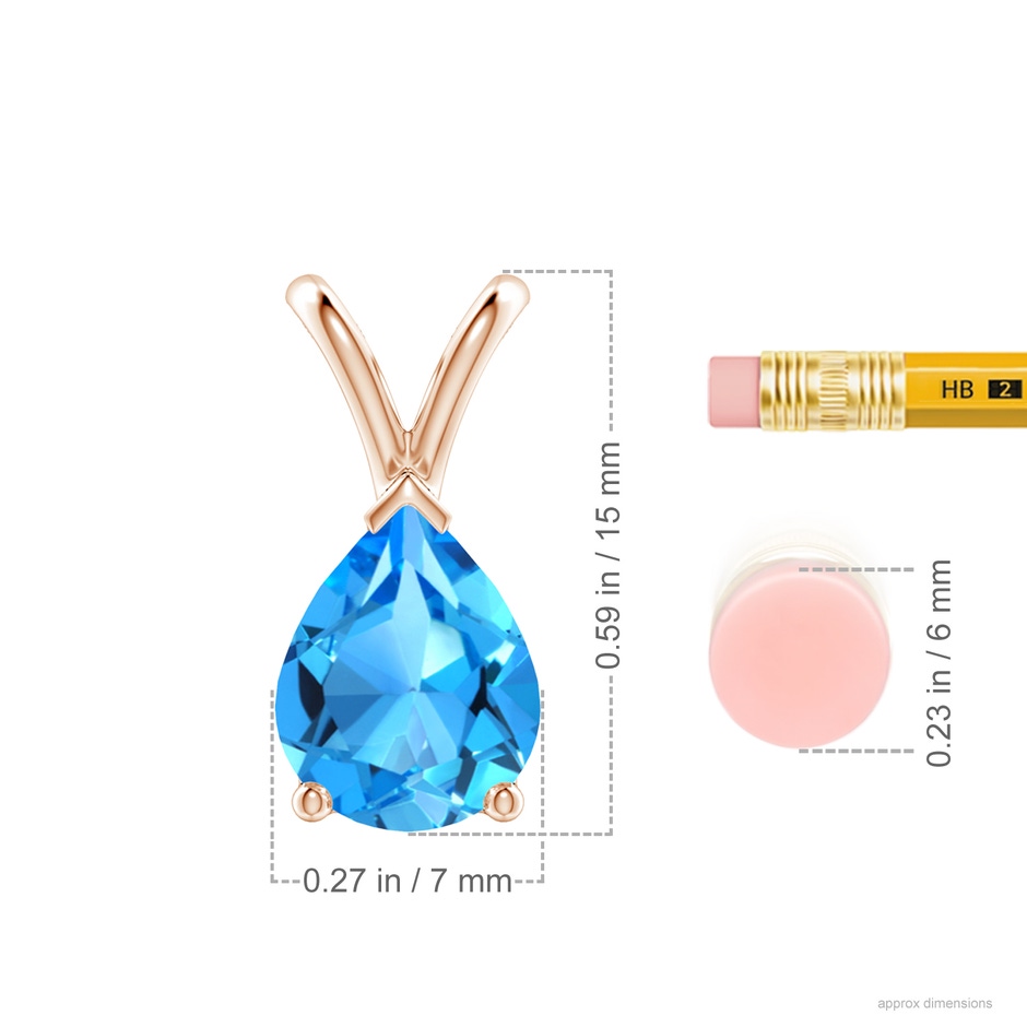 9x7mm AAAA V-Bale Pear-Shaped Swiss Blue Topaz Solitaire Pendant in 18K Rose Gold ruler