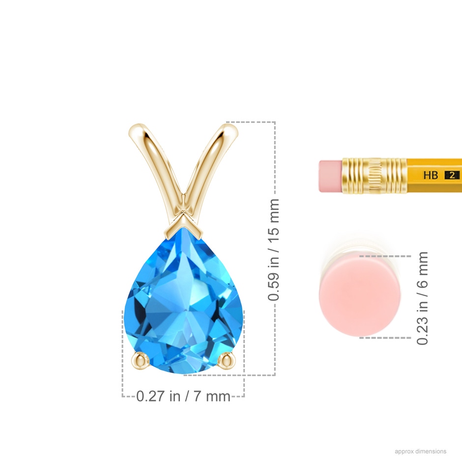 9x7mm AAAA V-Bale Pear-Shaped Swiss Blue Topaz Solitaire Pendant in 18K Yellow Gold ruler