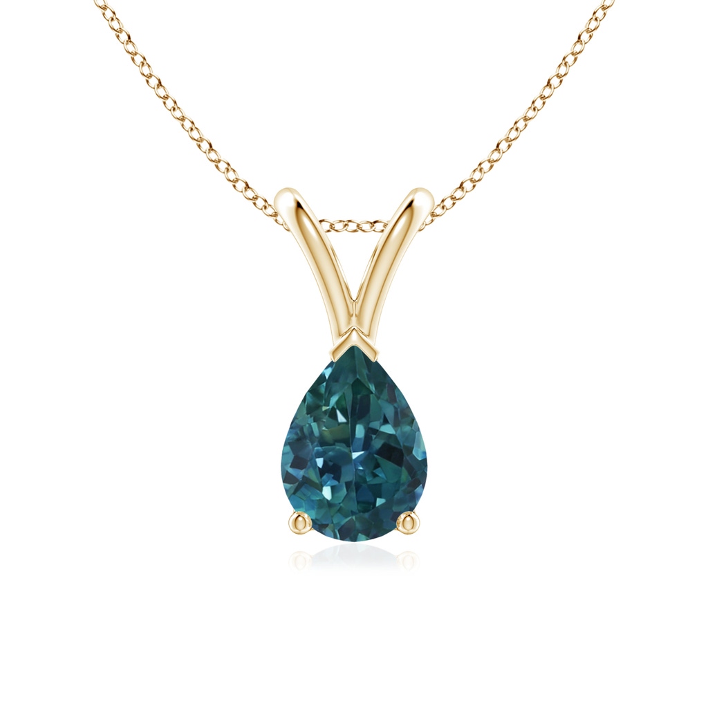 7x5mm AAA V-Bale Pear-Shaped Teal Montana Sapphire Solitaire Pendant in Yellow Gold