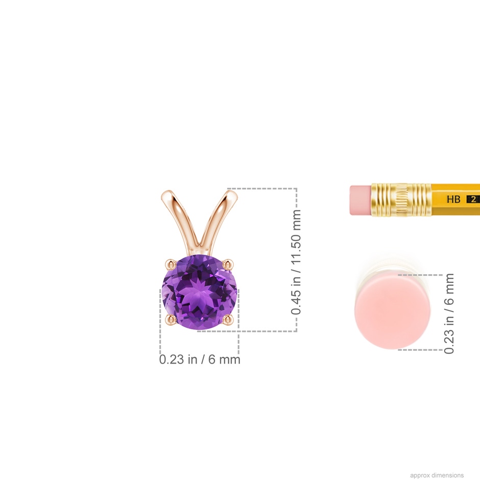 6mm AAA V-Bale Round Amethyst Solitaire Pendant in Rose Gold ruler