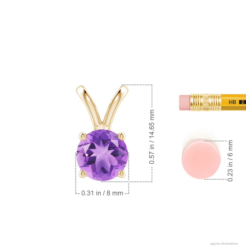 8mm A V-Bale Round Amethyst Solitaire Pendant in Yellow Gold ruler