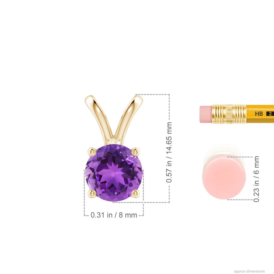 8mm AAA V-Bale Round Amethyst Solitaire Pendant in Yellow Gold ruler