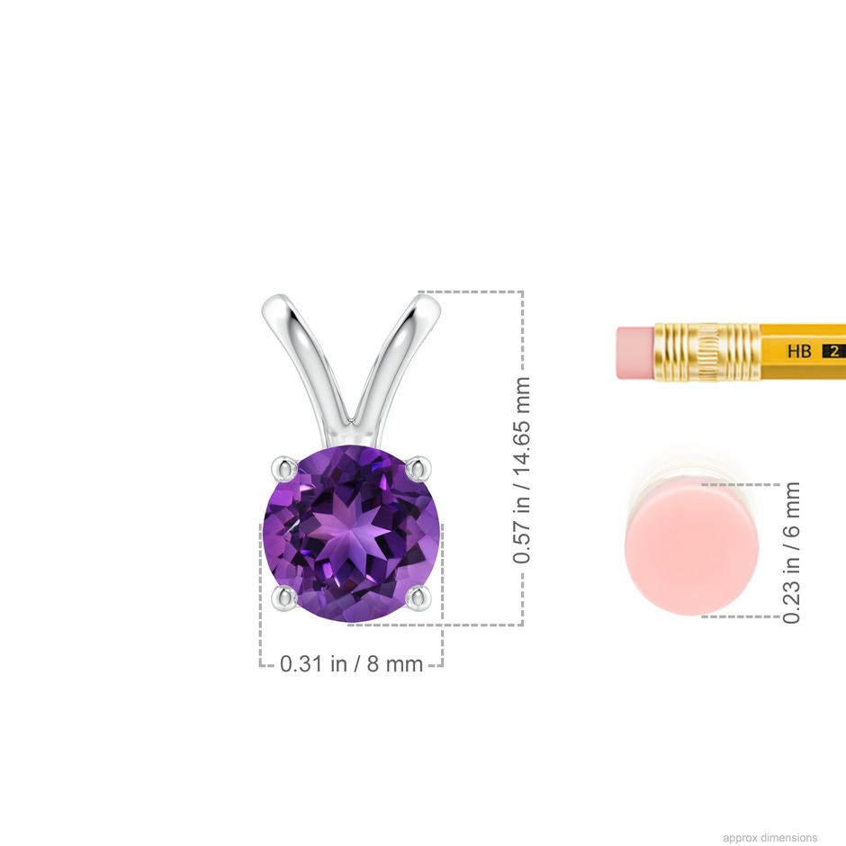 8mm AAAA V-Bale Round Amethyst Solitaire Pendant in 18K White Gold ruler