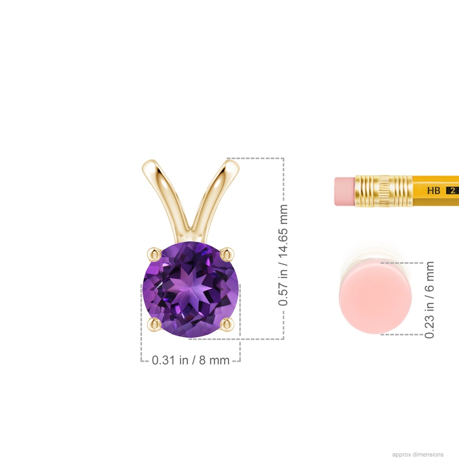 8mm AAAA V-Bale Round Amethyst Solitaire Pendant in Yellow Gold ruler