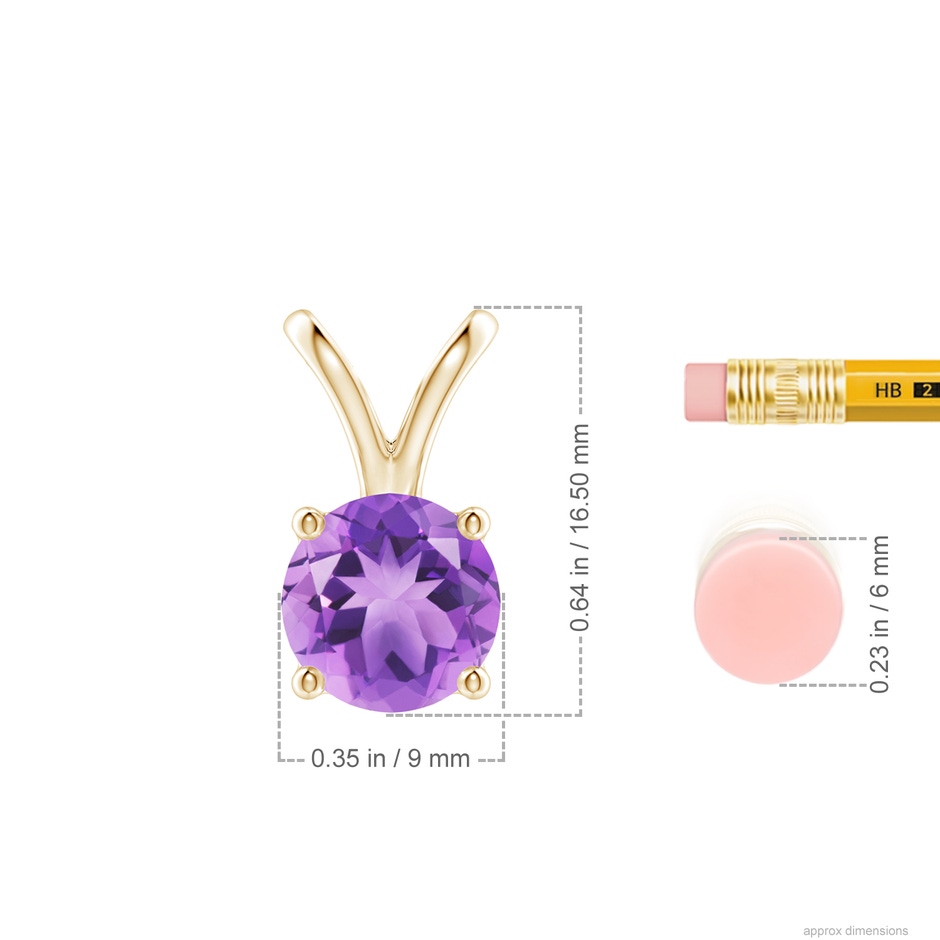 9mm A V-Bale Round Amethyst Solitaire Pendant in 18K Yellow Gold ruler