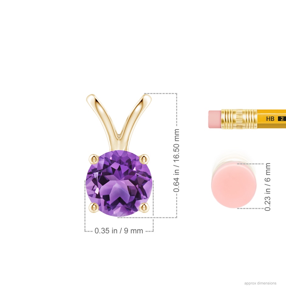 9mm AA V-Bale Round Amethyst Solitaire Pendant in Yellow Gold ruler