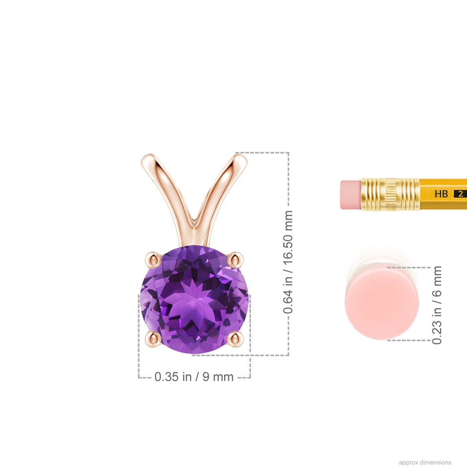 9mm AAA V-Bale Round Amethyst Solitaire Pendant in Rose Gold ruler