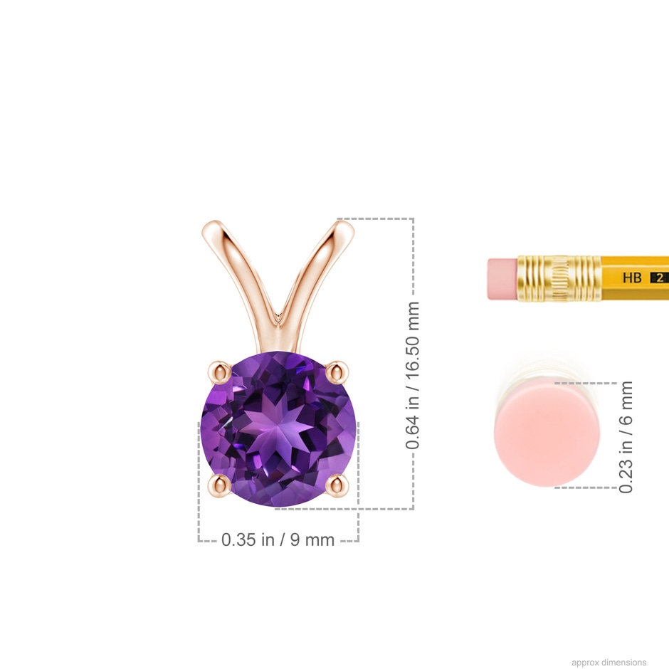 9mm AAAA V-Bale Round Amethyst Solitaire Pendant in 18K Rose Gold ruler