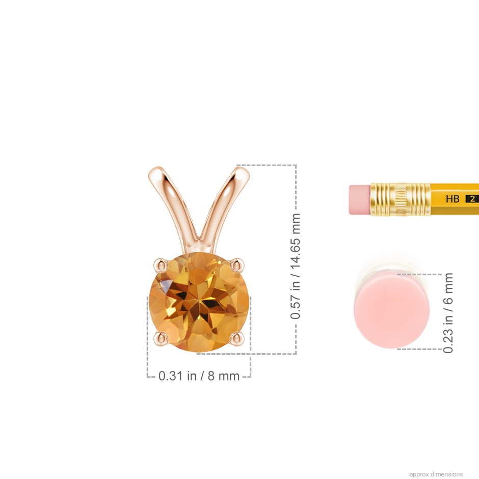 8mm AA V-Bale Round Citrine Solitaire Pendant in Rose Gold ruler