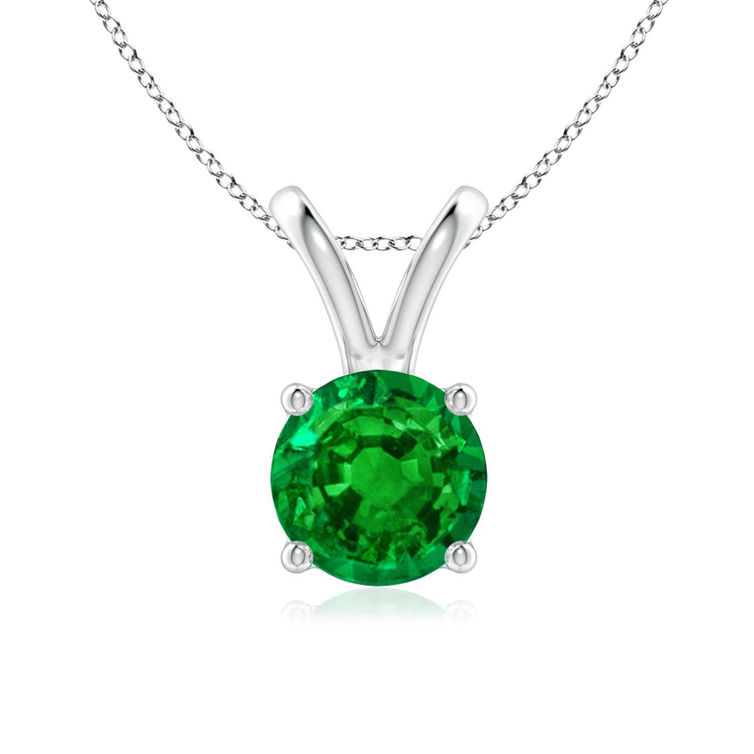 7mm AAAA V-Bale Round Emerald Solitaire Pendant in White Gold