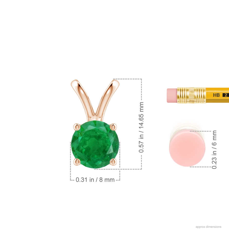 8mm AA V-Bale Round Emerald Solitaire Pendant in Rose Gold ruler