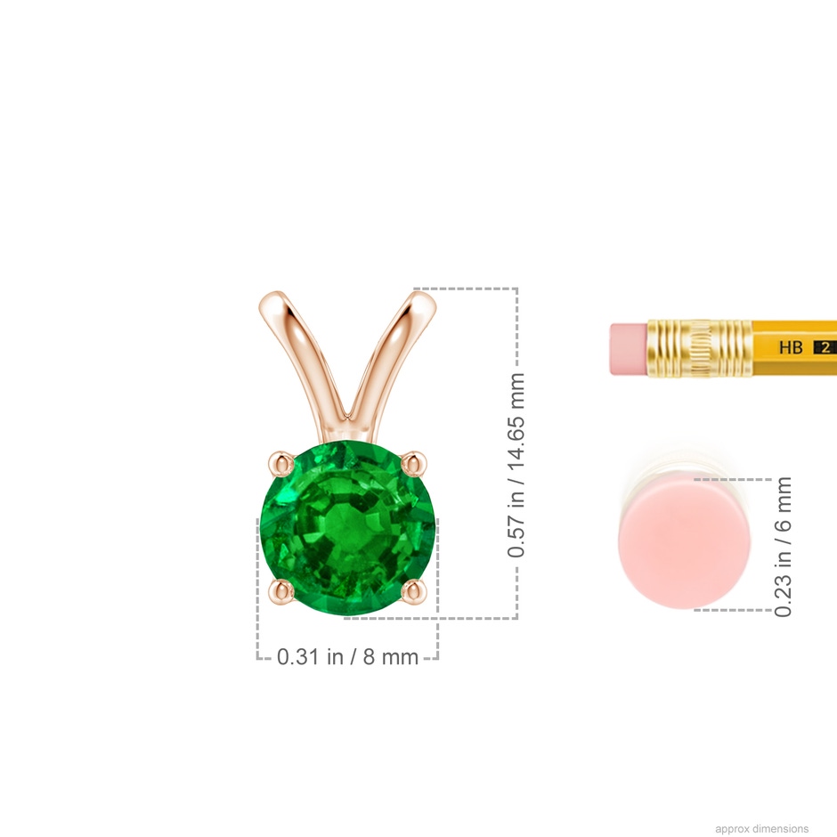 8mm AAAA V-Bale Round Emerald Solitaire Pendant in Rose Gold ruler