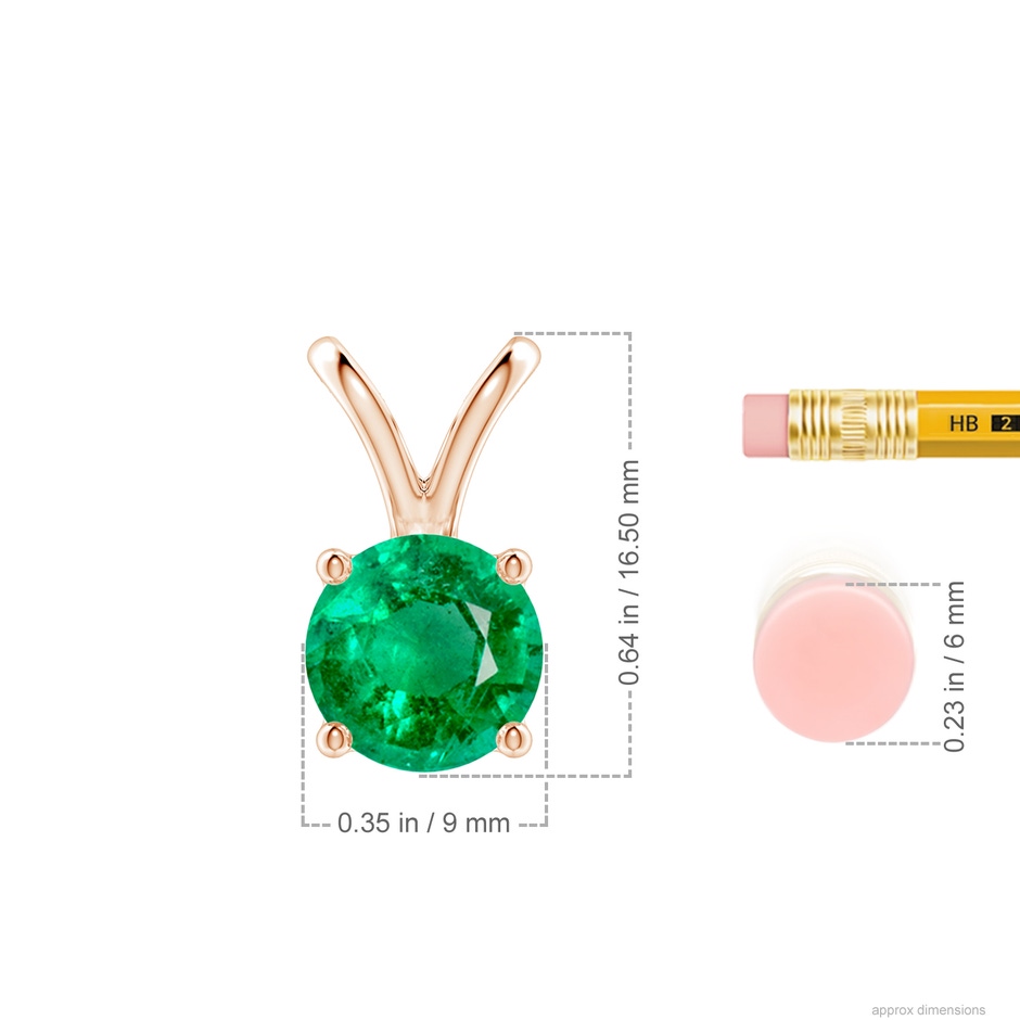 9mm AAA V-Bale Round Emerald Solitaire Pendant in Rose Gold ruler
