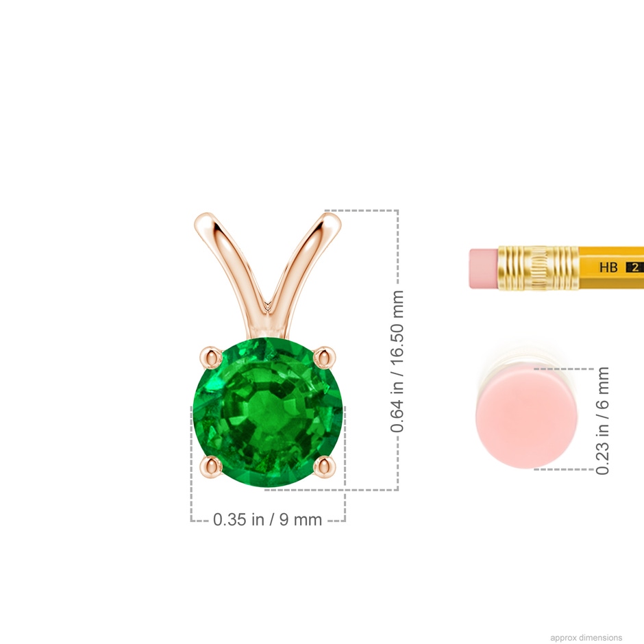 9mm AAAA V-Bale Round Emerald Solitaire Pendant in Rose Gold ruler