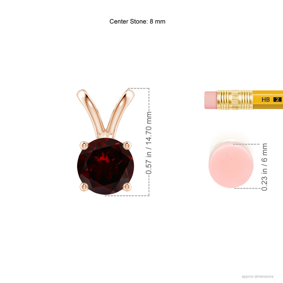 8mm A V-Bale Round Garnet Solitaire Pendant in 18K Rose Gold ruler
