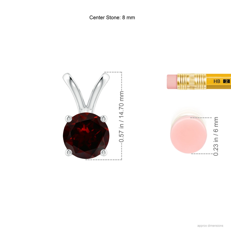 8mm A V-Bale Round Garnet Solitaire Pendant in 18K White Gold ruler