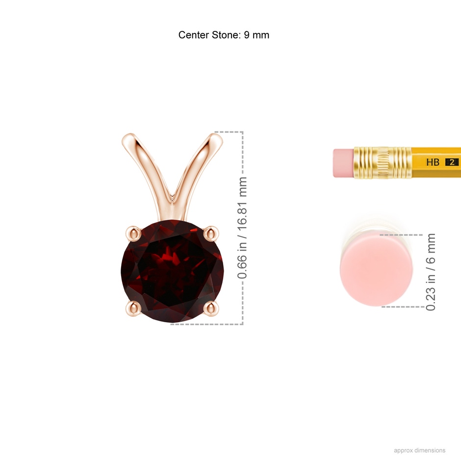 9mm A V-Bale Round Garnet Solitaire Pendant in 18K Rose Gold ruler