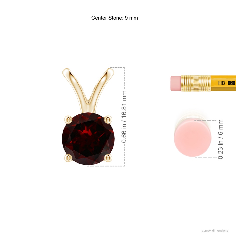 9mm A V-Bale Round Garnet Solitaire Pendant in 18K Yellow Gold ruler