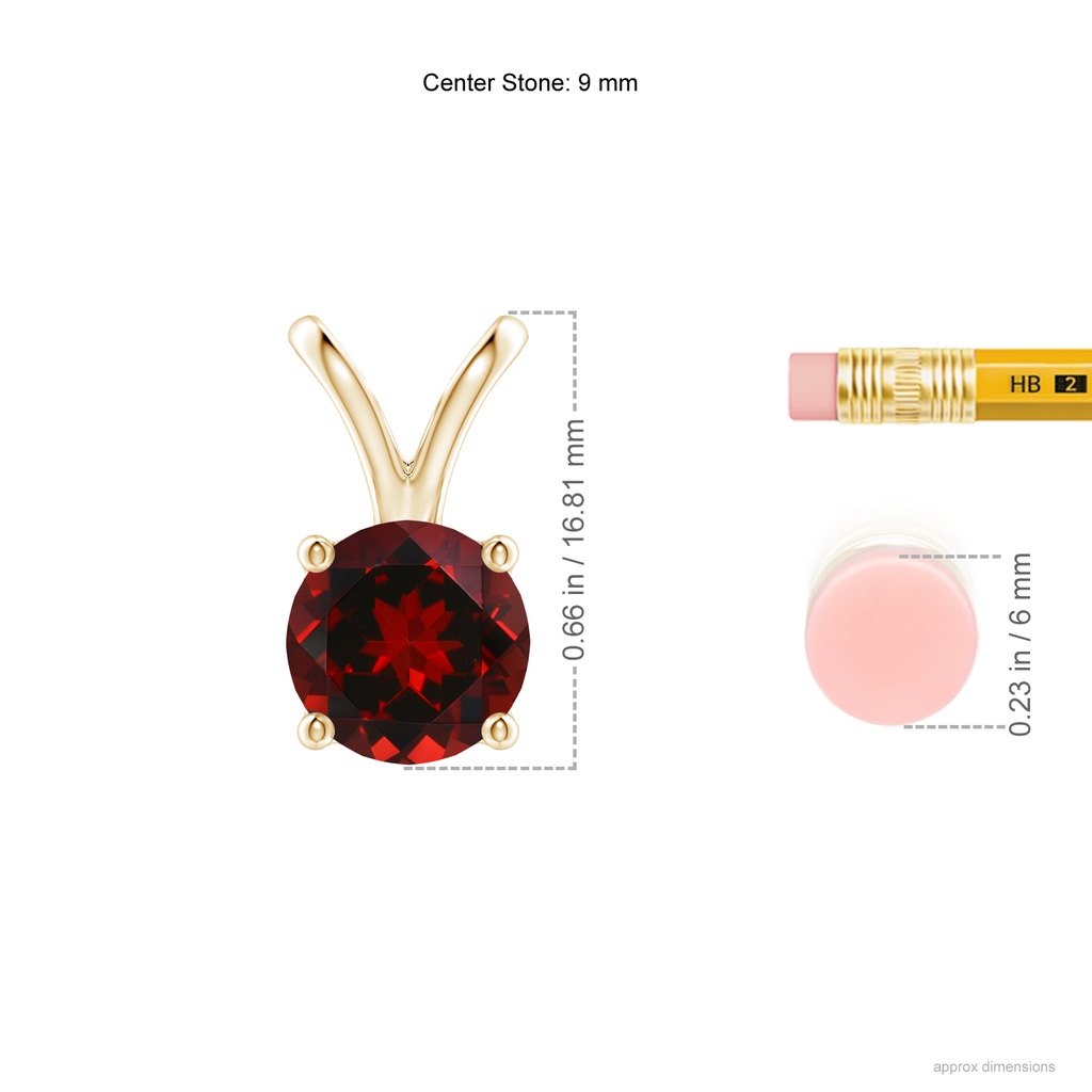 9mm AAAA V-Bale Round Garnet Solitaire Pendant in Yellow Gold Ruler