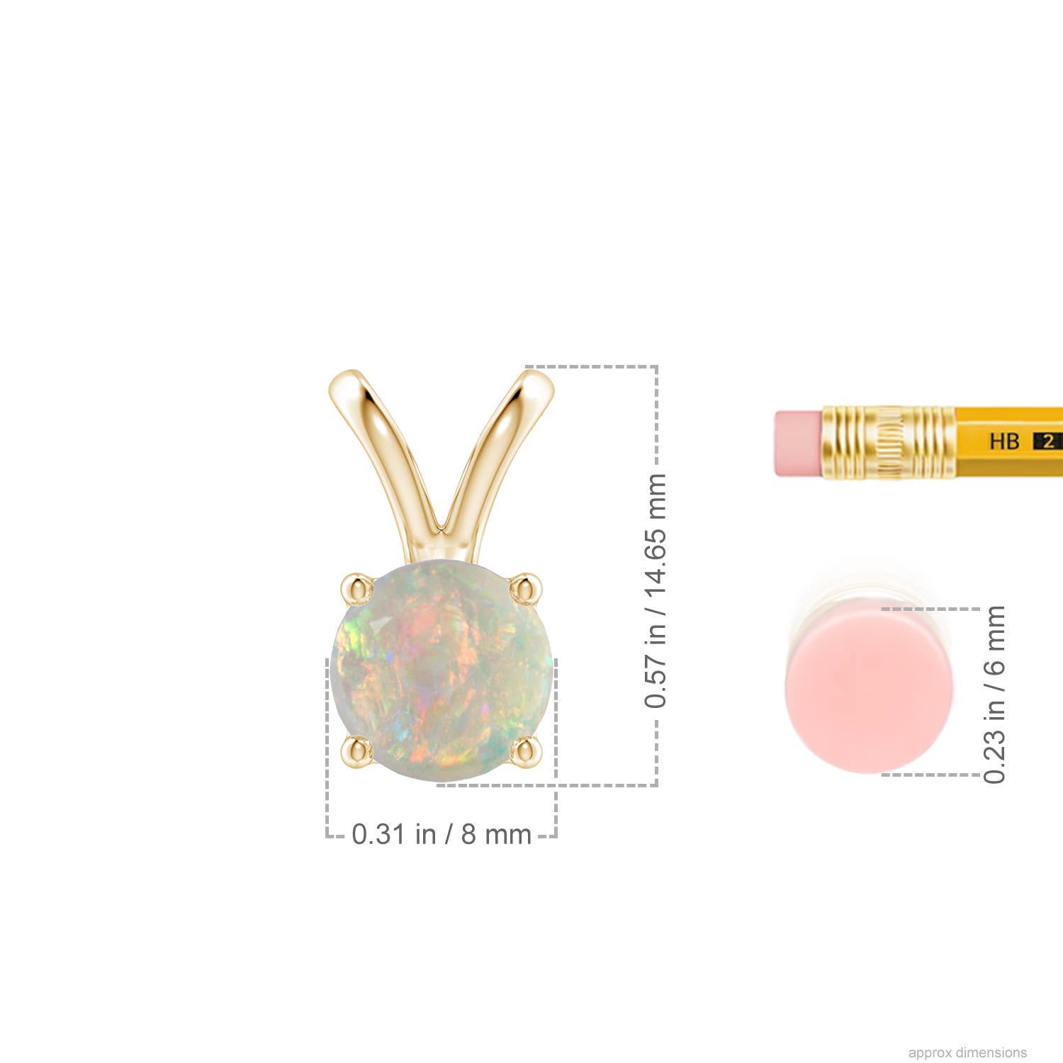 8mm AAAA V-Bale Round Opal Solitaire Pendant in Yellow Gold - ruler
