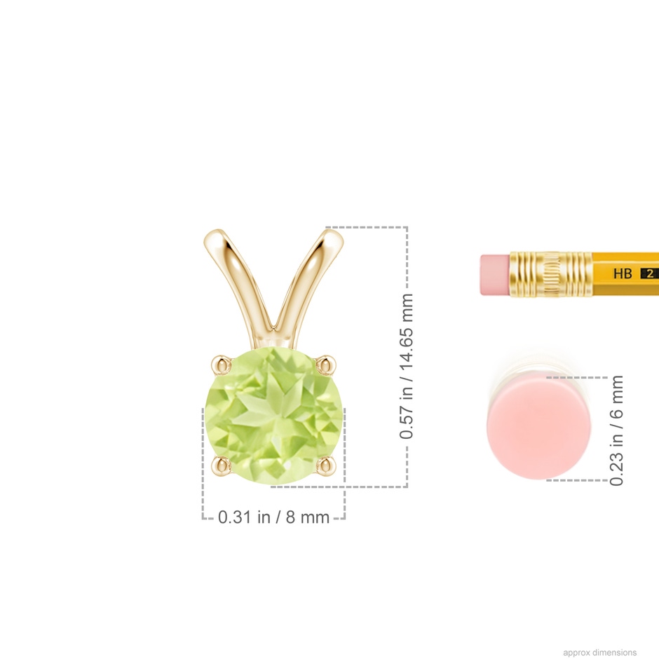 8mm A V-Bale Round Peridot Solitaire Pendant in 18K Yellow Gold ruler