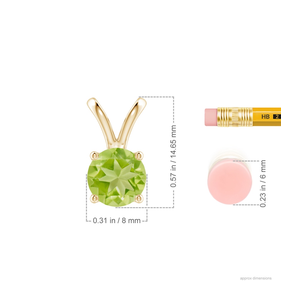 8mm AA V-Bale Round Peridot Solitaire Pendant in Yellow Gold ruler