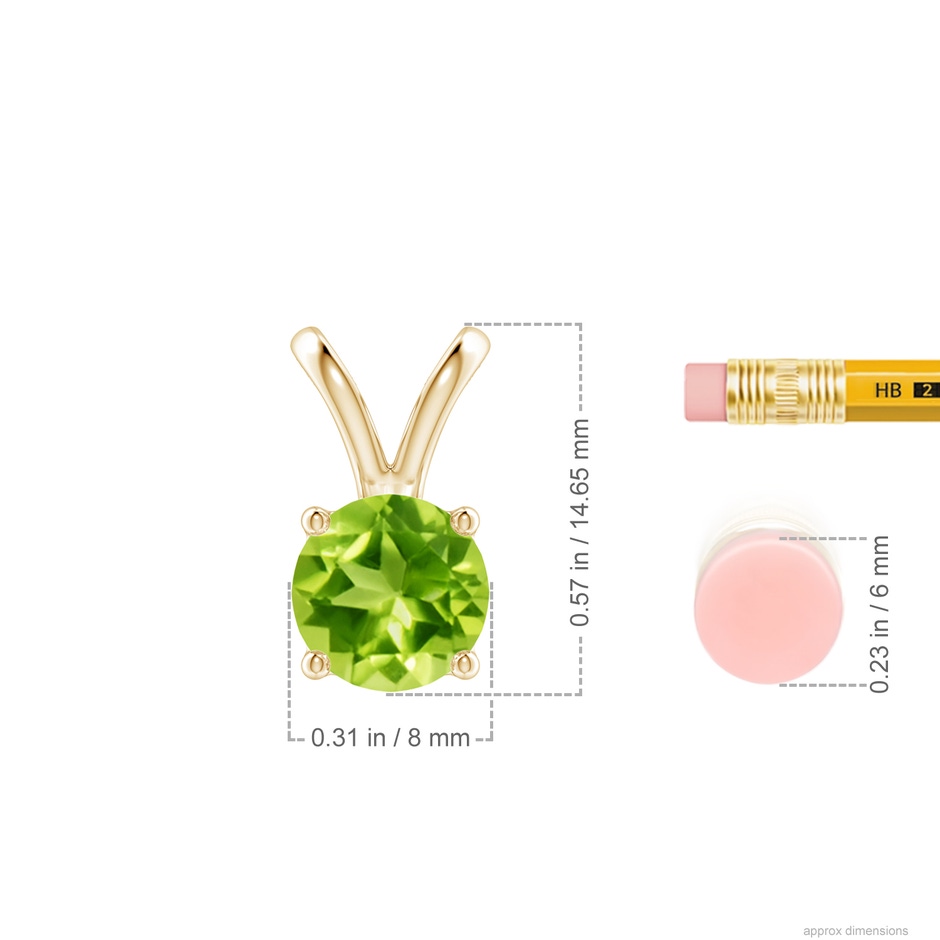 8mm AAA V-Bale Round Peridot Solitaire Pendant in Yellow Gold ruler