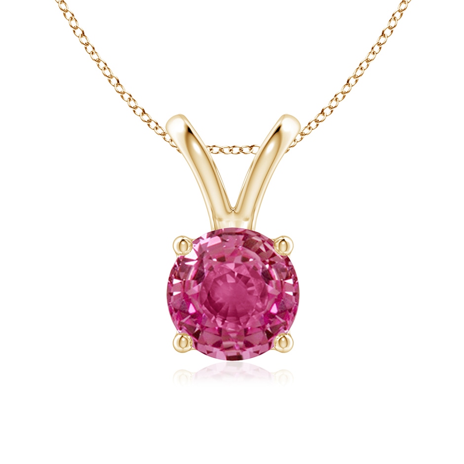 7mm AAAA V-Bale Round Pink Sapphire Solitaire Pendant in Yellow Gold 