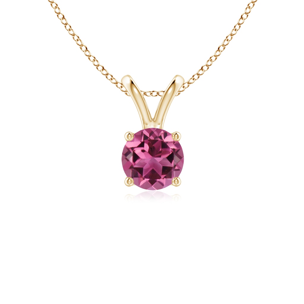 5mm AAAA V-Bale Round Pink Tourmaline Solitaire Pendant in Yellow Gold