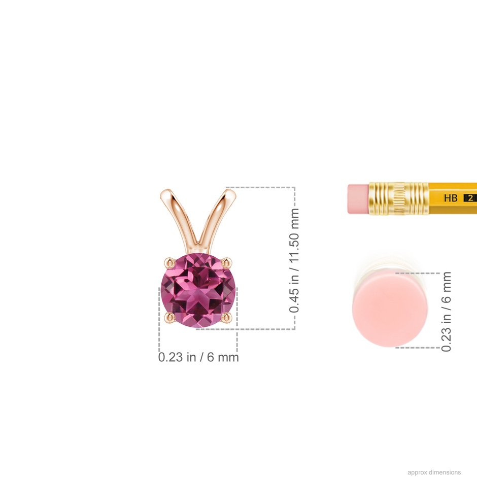 6mm AAAA V-Bale Round Pink Tourmaline Solitaire Pendant in Rose Gold ruler