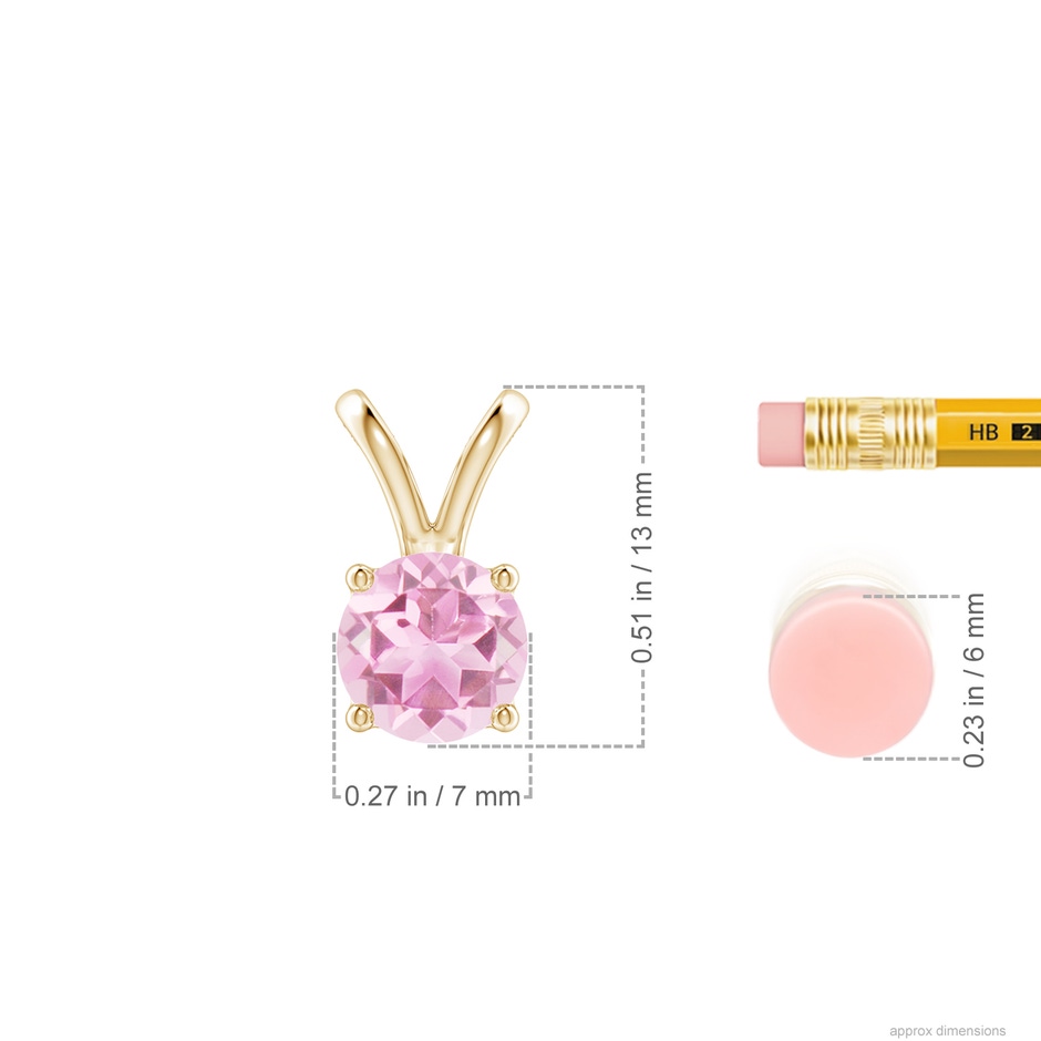 7mm A V-Bale Round Pink Tourmaline Solitaire Pendant in Yellow Gold ruler