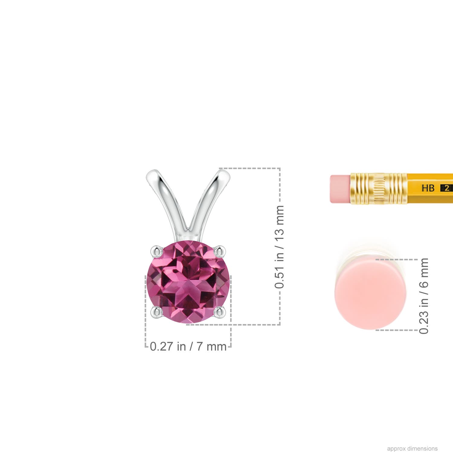 7mm AAAA V-Bale Round Pink Tourmaline Solitaire Pendant in White Gold - ruler