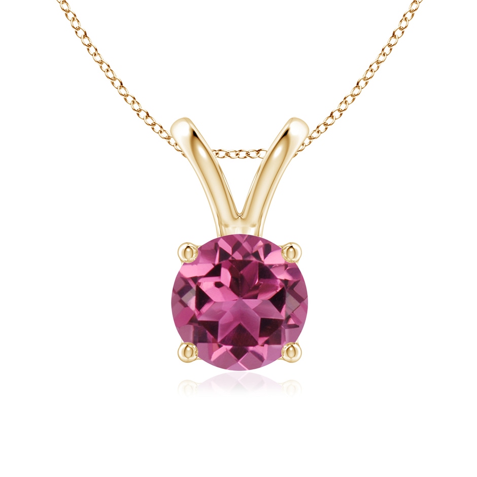 7mm AAAA V-Bale Round Pink Tourmaline Solitaire Pendant in Yellow Gold 