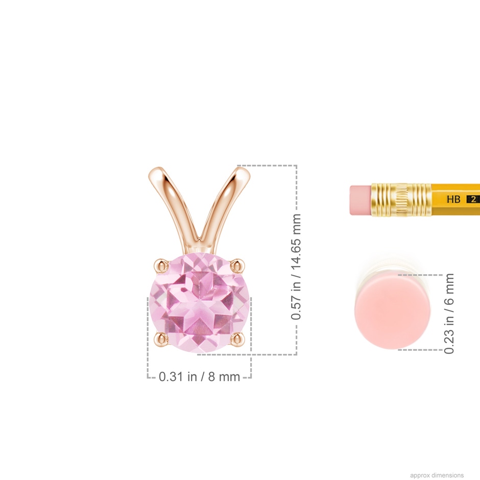 8mm A V-Bale Round Pink Tourmaline Solitaire Pendant in Rose Gold ruler
